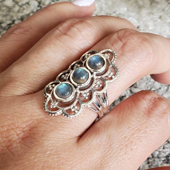 Rainbow Labradorite Ring, Sterling Silver Ring, Shield Ring, Natural Stone Ring, - Picture 1 of 6